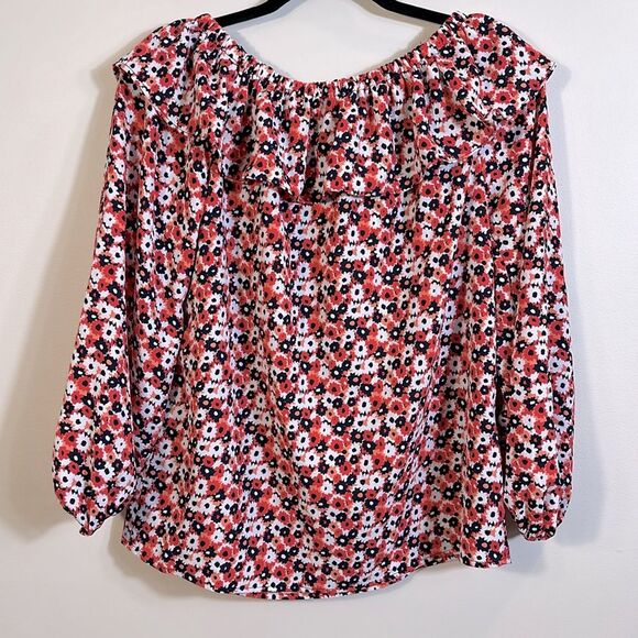 Michael Kors NWT Floral Spring Red Blue Off the Shoulder Longsleeve Blouse Small - Picture 2 of 7